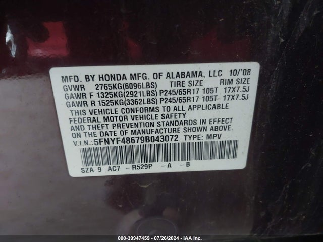 2009 Honda Pilot Ex-l მანქანა იყიდება აუქციონზე, vin: 5FNYF48679B043072, აუქციონის ნომერი: 39947459