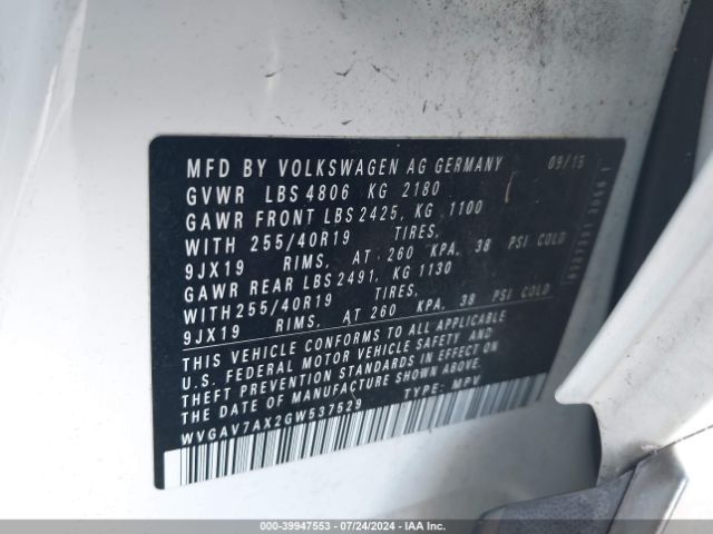 WVGAV7AX2GW537529 Volkswagen Tiguan R-line/s/se/sel