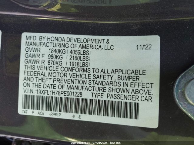 19XFL1H78PE001228 Honda Civic Ex-l /ex-l W/o Bsi