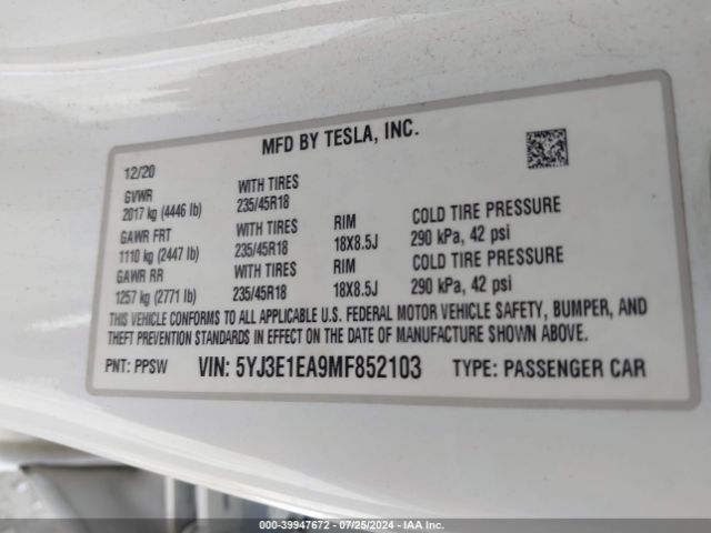 5YJ3E1EA9MF852103 Tesla Model 3 Standard Range Plus Rear-wheel Drive