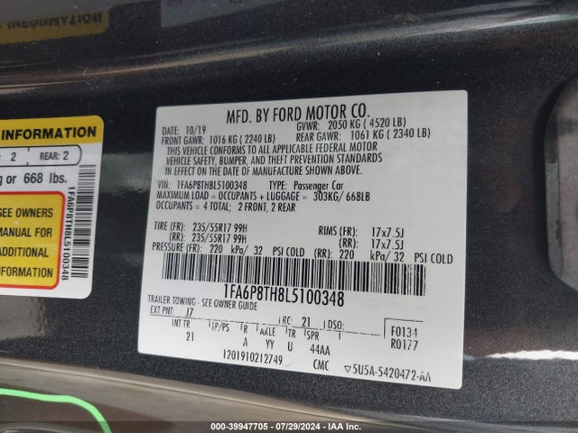 Ford Mustang Ecoboost Fastback 2020 1FA6P8TH8L5100348 Image 9