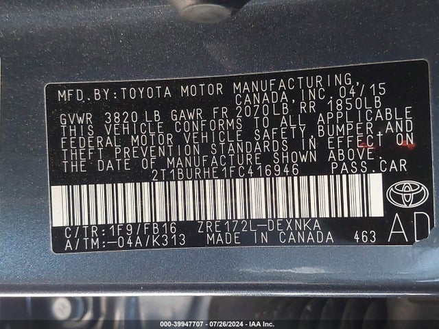 Toyota COROLLA LE 2015 2T1BURHE1FC416946 Image 9