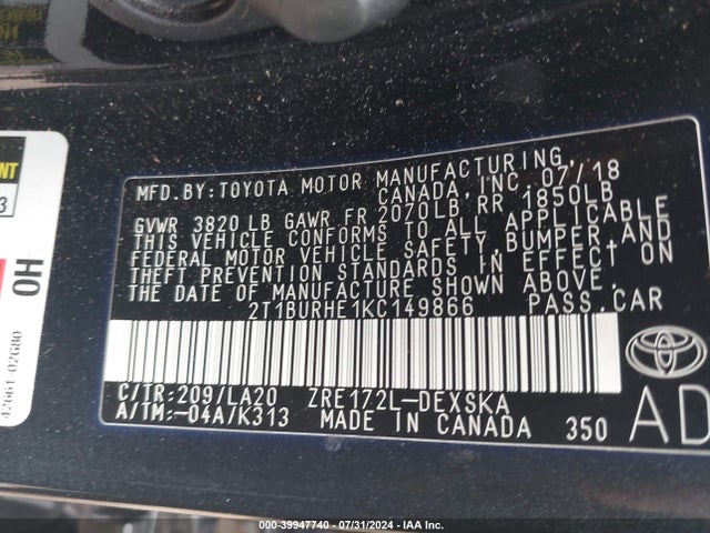 Toyota Corolla Xse 2019 2T1BURHE1KC149866 Image 9