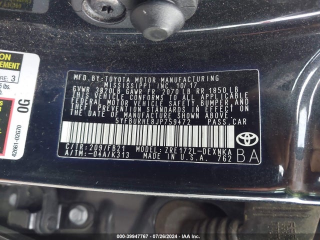 Toyota COROLLA LE 2018 5YFBURHE8JP759472 Image 9