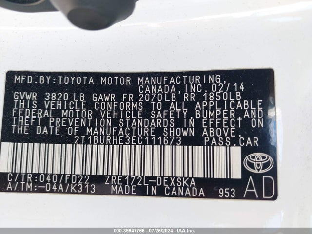 Toyota Corolla S Plus 2014 2T1BURHE3EC111673 Image 9
