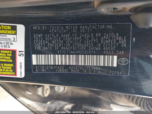 Toyota CAMRY LE 2021 4T1C11AK4MU592674 Image 9