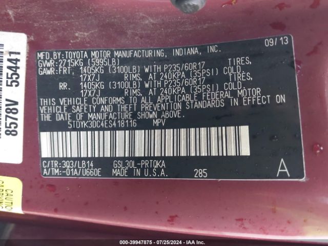 5TDYK3DC4ES418116 Toyota Sienna Xle V6 8 Passenger
