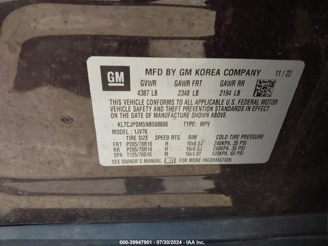 Chevrolet Trax Awd Lt 2022 KL7CJPSM5NB568806 Image 9