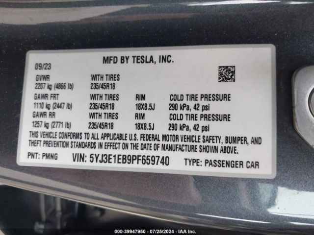 5YJ3E1EB9PF659740 Tesla Model 3 Long Range Dual Motor All-wheel Drive