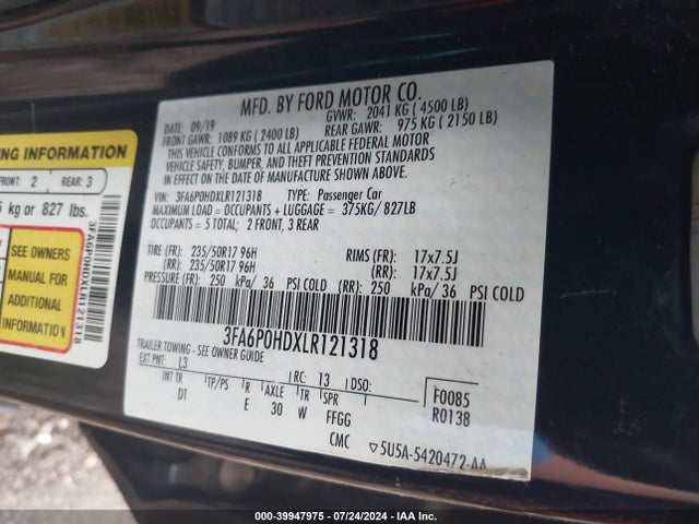 Ford FUSION SE 2020 3FA6P0HDXLR121318 Image 9