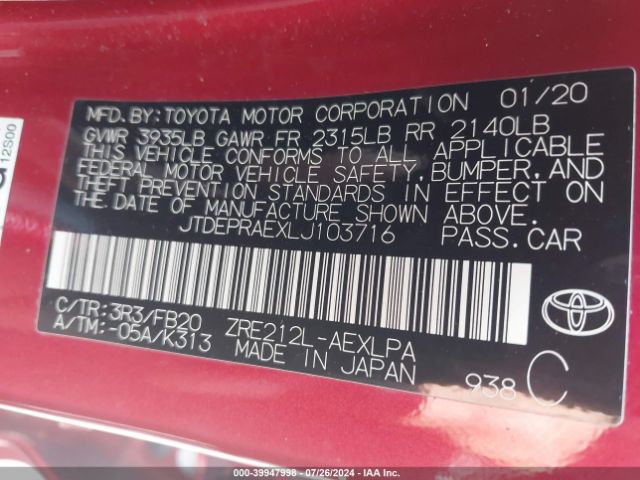 JTDEPRAEXLJ103716 Toyota COROLLA LE