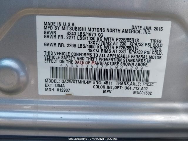 4A4AP3AU2FE024209 Mitsubishi Outlander Sport Es
