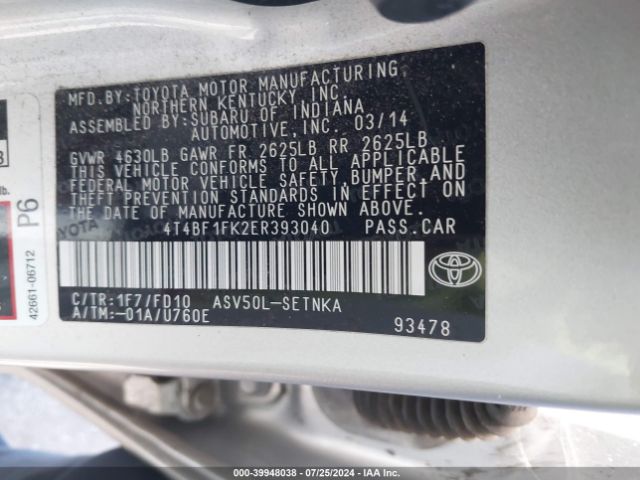 4T4BF1FK2ER393040 Toyota CAMRY LE