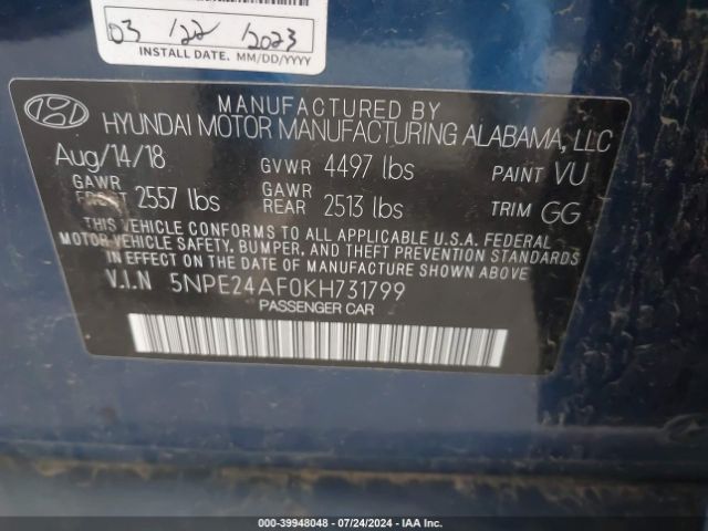 5NPE24AF0KH731799 Hyundai SONATA SE