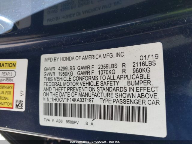 2019 HONDA ACCORD 1HGCV1F14KA037197 Photo 8