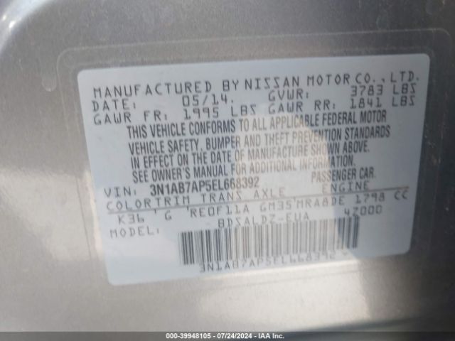 3N1AB7AP5EL668392 Nissan Sentra Fe+ S/fe+ Sv/s/sl/sr/sv