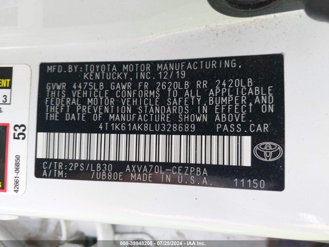 Toyota CAMRY XSE 2020 4T1K61AK8LU328689 Image 9