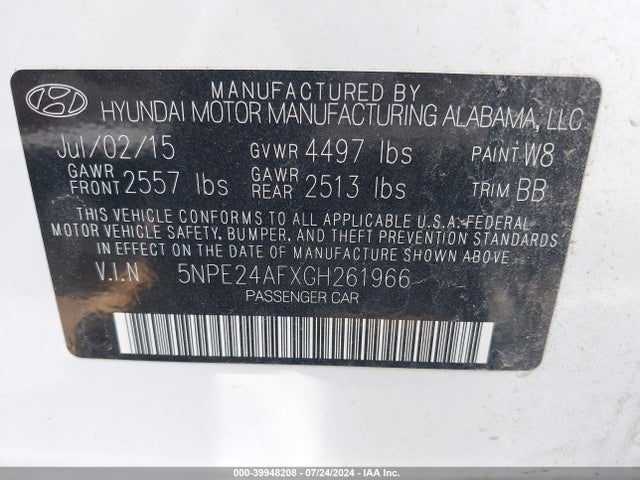 Hyundai SONATA SE 2016 5NPE24AFXGH261966 Image 9