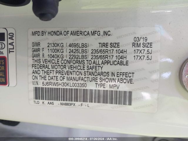 5J6RW5H30KL003350 Honda CR-V LX