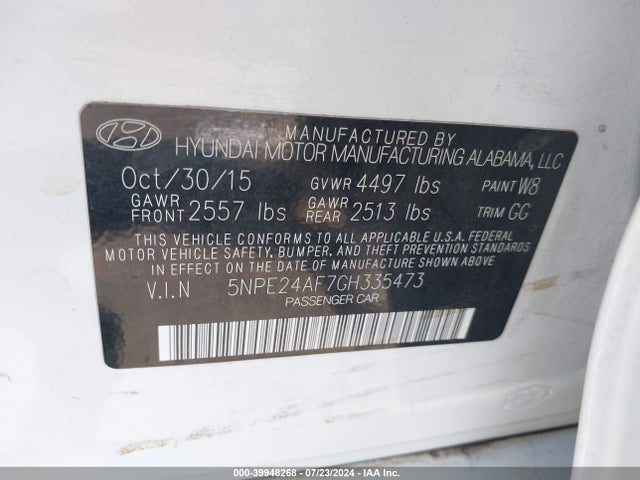 Hyundai SONATA SE 2016 5NPE24AF7GH335473 Image 9