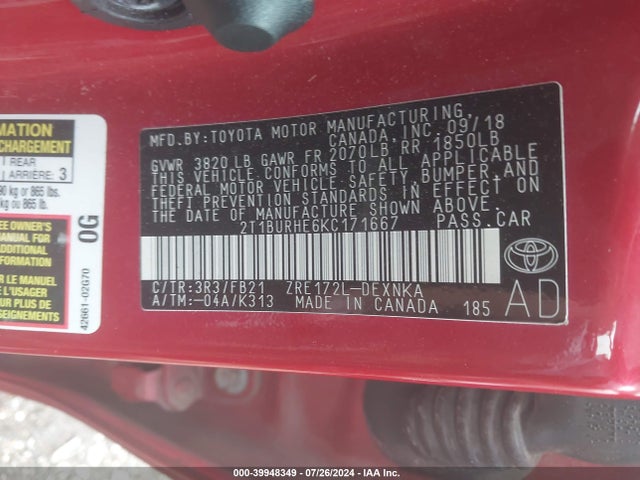 Toyota COROLLA LE 2019 2T1BURHE6KC171667 Image 9