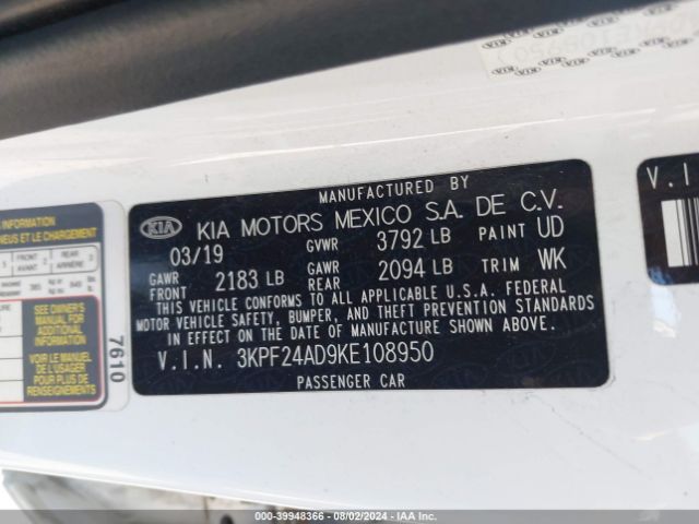 3KPF24AD9KE108950 KIA Forte Lxs