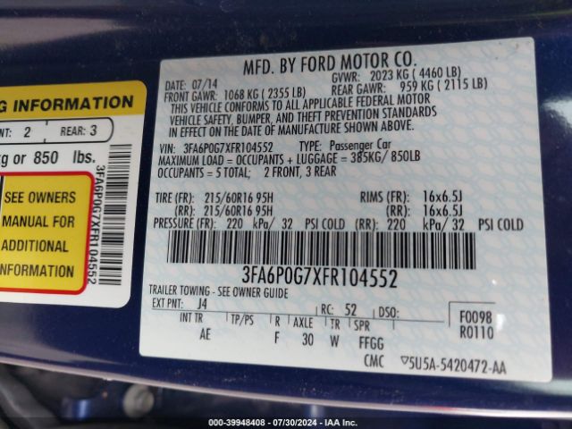 3FA6P0G7XFR104552 Ford FUSION S