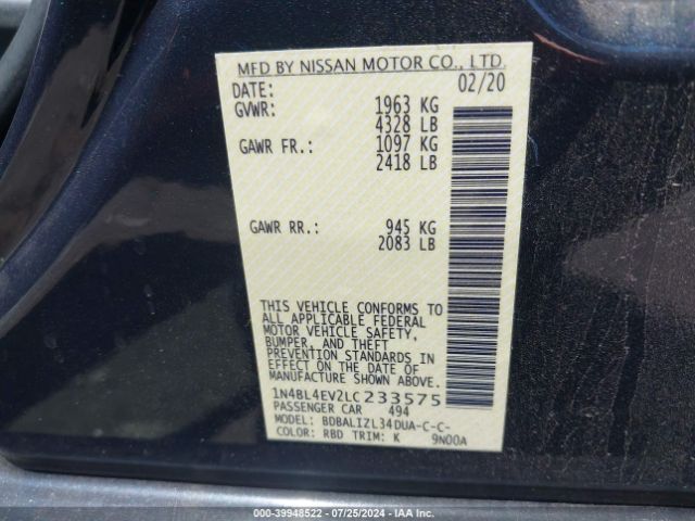 1N4BL4EV2LC233575 Nissan Altima Sl Fwd