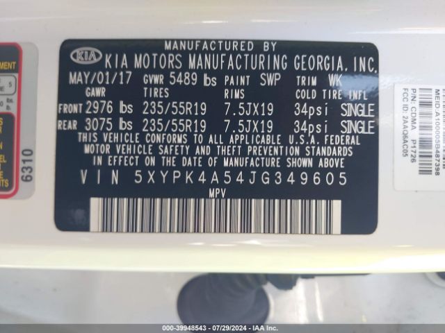5XYPK4A54JG349605 KIA Sorento 3.3l Sxl