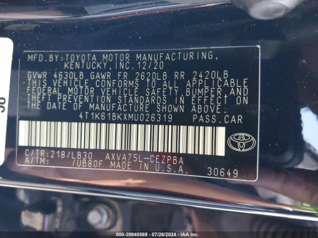 4T1K61BKXMU026319 Toyota Camry Xse Awd
