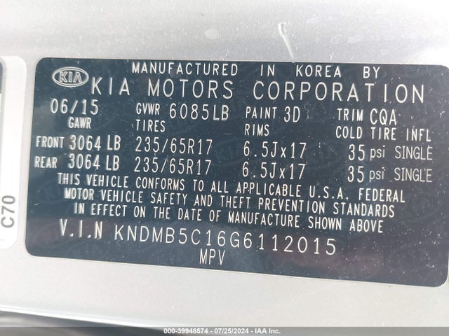 KIA SEDONA LX 2016 KNDMB5C16G6112015 Image 9