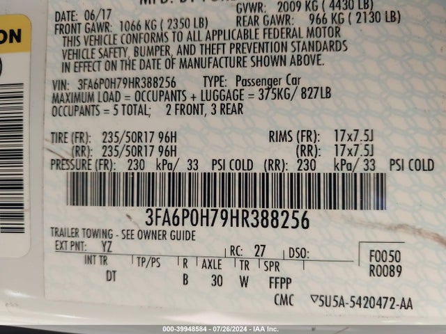 Ford FUSION SE 2017 3FA6P0H79HR388256 Image 9