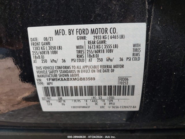 1FM5K8ABXMGB83589 Ford Police Interceptor Utility