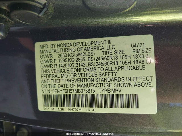 Honda Pilot Awd Ex-l 2021 5FNYF6H57MB073815 Image 9
