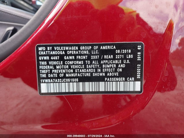 1VWBA7A32JC051505 Volkswagen Passat 2.0t Se