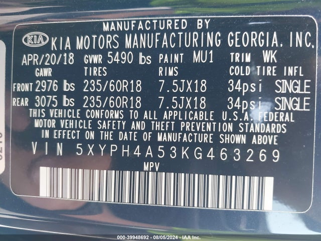KIA Sorento 3.3l Ex 2019 5XYPH4A53KG463269 Image 9