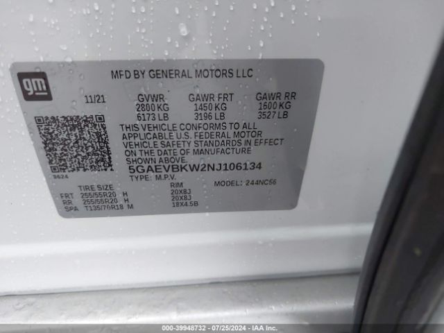 5GAEVBKW2NJ106134 Buick Enclave Awd Premium