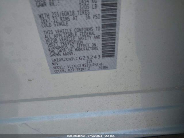 5N1DR2CN3LC625243 Nissan Pathfinder Sl 2wd