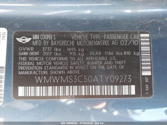 2010 MINI COOPER S WMWMS3C50ATY09273 Photo 8
