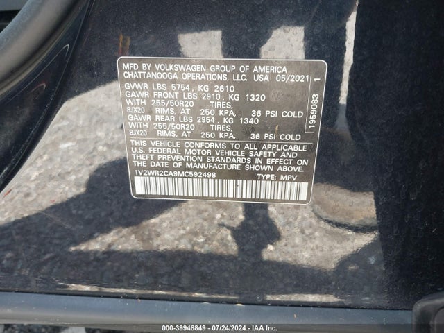 1V2WR2CA9MC592498 Volkswagen Atlas 3.6l V6 Se W/technology