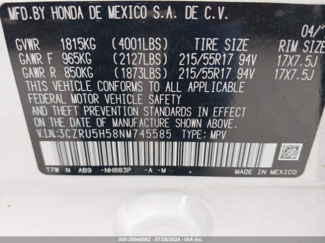 3CZRU5H58NM745585 Honda Hr-v 2wd Ex