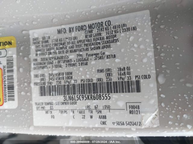 3LN6L5C95KR608555 Lincoln Mkz Reserve I