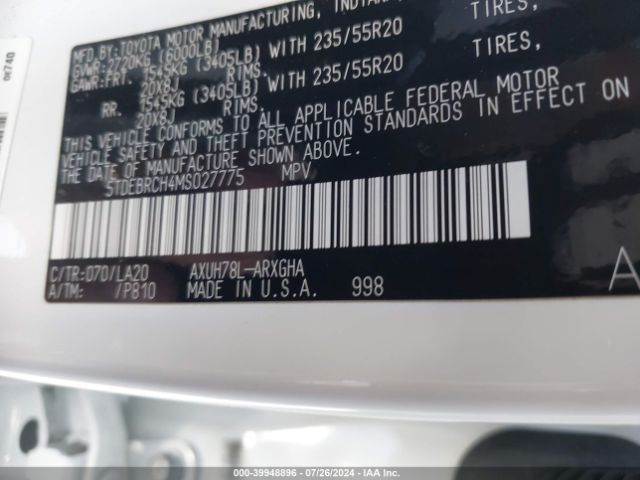 5TDEBRCH4MS027775 Toyota Highlander Hybrid Platinum