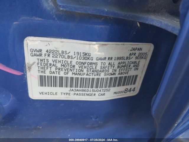 2005 MITSUBISHI LANCER EVOLUTION JA3AH86D15U047252 Photo 8