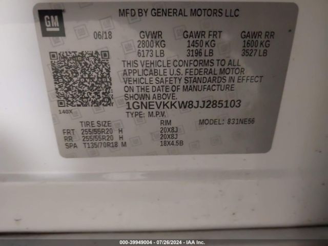 1GNEVKKW8JJ285103 Chevrolet Traverse High Country
