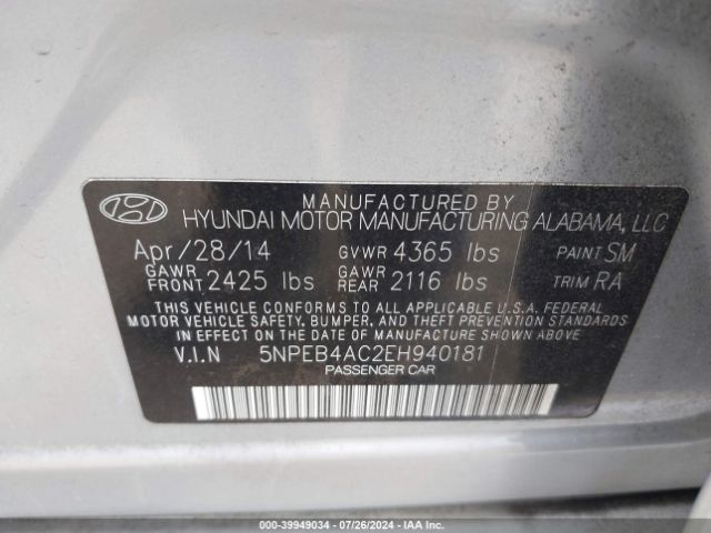 5NPEB4AC2EH940181 Hyundai SONATA GLS