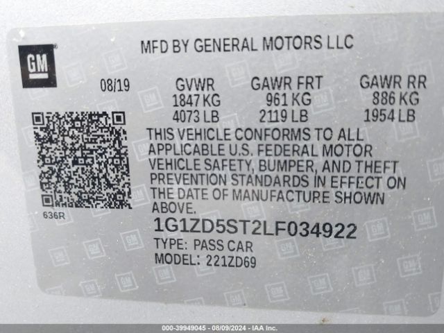 1G1ZD5ST2LF034922 Chevrolet Malibu Fwd Lt
