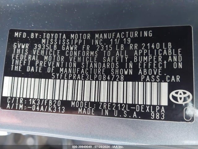 Toyota COROLLA LE 2020 5YFEPRAE3LP084728 Image 9