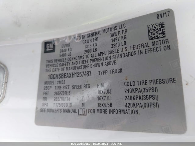 Chevrolet Colorado Wt 2017 1GCHSBEAXH1257487 Image 9