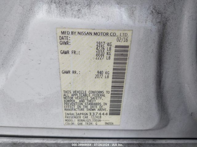 1N4AL3AP4GN337444 Nissan Altima 2.5/2.5 S/2.5 Sl/2.5 Sr/2.5 Sv